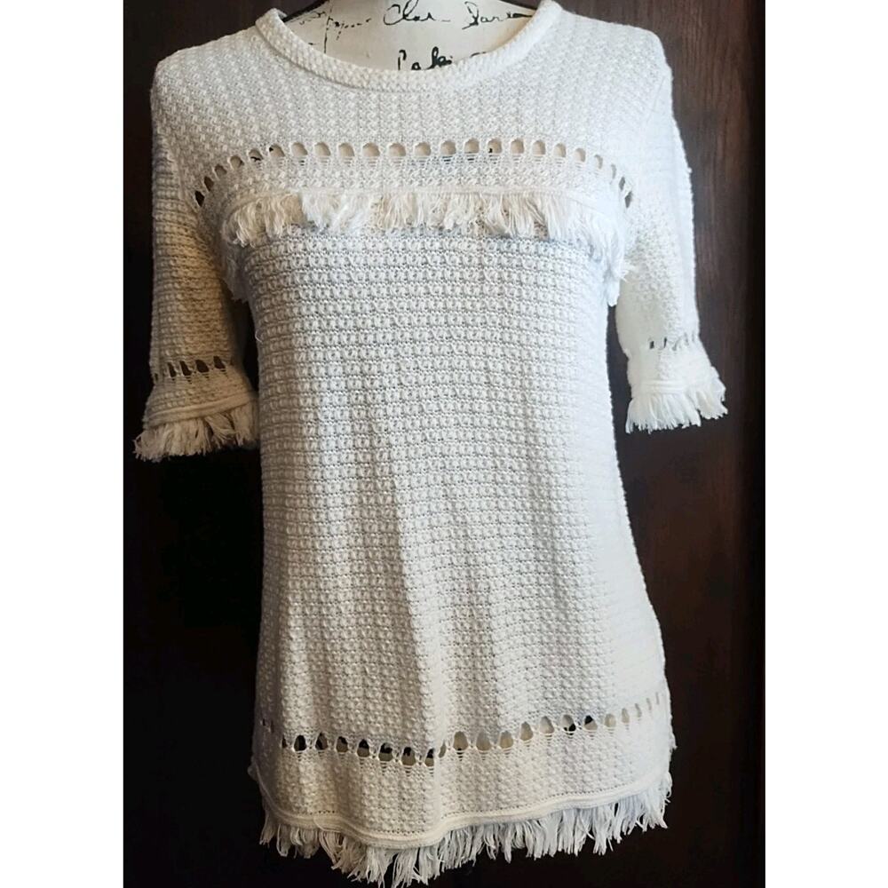 J Crew Women's Small White Crochet Knit Fringe Short Sleeve Boho Sweater Scoop